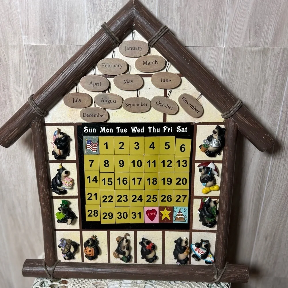 Perpetual Wall Calendar with Bear Animal Figures Collectible Vintage
